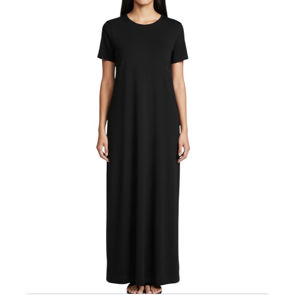 LANDS END Black Knit T-SHIRT MAXI DRESS Minimalist Capsule NYLON/LYCRA 10-12 M